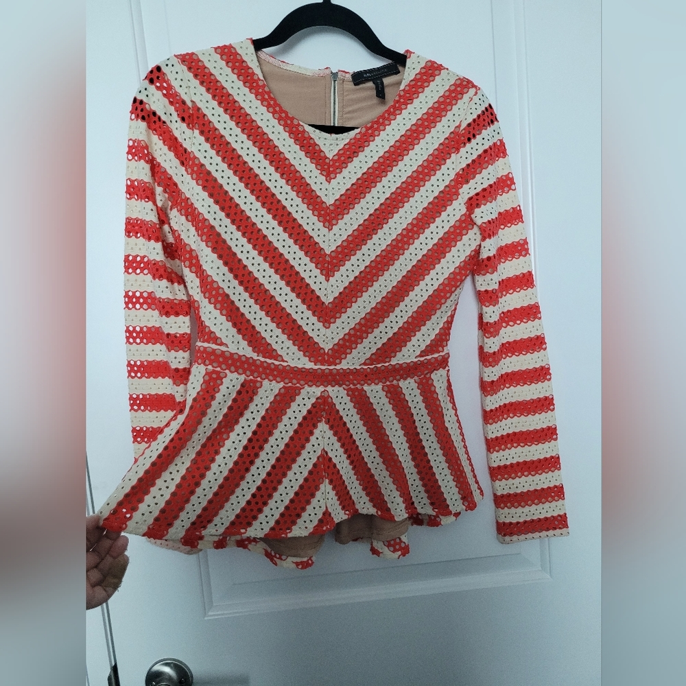 BCBGMAXAZRIA Franseen Red/Cream long sleeve mesh eyelet peplum top Size Small